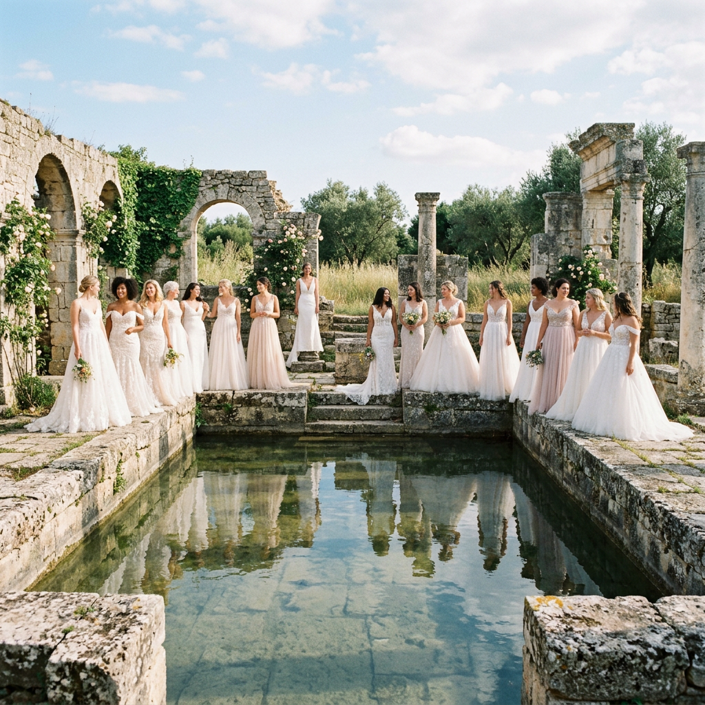 Group of brides wearing various wedding dresses standing at ancient stone ruins beside a reflective water pool