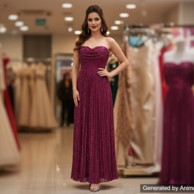 Elegant Strapless Glitter Pleated Evening Gown in Magenta