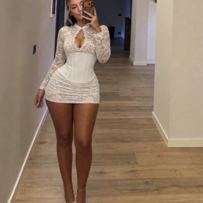 Women's Elegant White Lace Long Sleeve Corset Mini Dress
